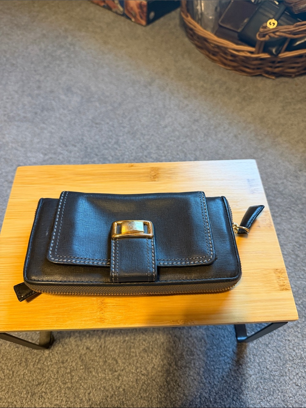 Black Leather Zip Wallet with Gold Buckle